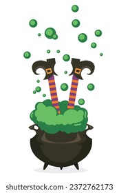 Vector vertical poster with witch's cauldron and green value. Funny illustration with a witch drowned in a potion on a white background.