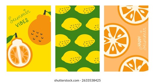 Vector vertical posters set with citrus fruits in retro style. Perfect background template for banner, card, label, sale. Hand drawn illustration.
