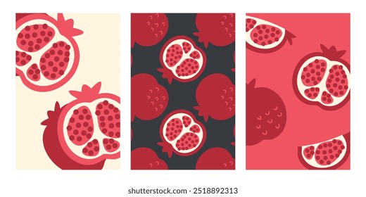 Carteles de Vertical de Vector con rodajas de granada en estilo retro. Plantilla de fondo perfecta para el Anuncio, tarjeta, etiqueta, venta. Dibujado a mano ilustración.