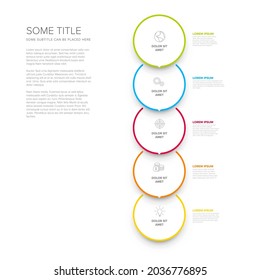 Esquema de diagrama de plantillas de progreso de procesos verticales vectoriales con cinco iconos y descripciones de pasos. Círculos blancos sobre fondo claro con marcos de borde de color y flecha minimalista