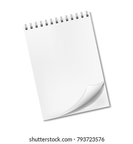 Vector vertical realistic blank notepad with turned-up corner, sketchbook on spiral binder front view. Clear empty notebook page with shadow, organizer template