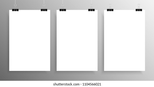 Vector vertical rectangle format A4 white paper with shadow on grey background. Empty sheet of paper template portrait orientation. Realistic three sheets, posters, banners, backgrounds, blank, frame.