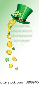 Vector vertical rectangular card on the day of St. Patrick. On the left of the circular dies for text gold coins, quatrefoil and top hat Leprechaun