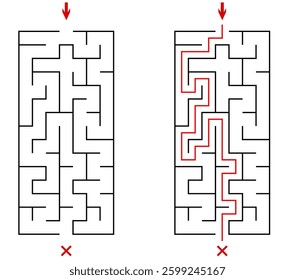 Vector vertical rectangular labyrinth with entry and exit. Difficulty level - easy. Children logic game. Not hard riddle solated on white background for kids and parents with solution.