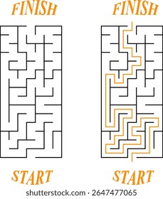 Vector vertical rectangular labyrinth with entry and exit. Difficulty level - easy. Children logic game. Not hard riddle solated on white background for kids and parents with solution.