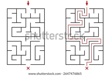 Vector vertical rectangular labyrinth with entry and exit. Difficulty level - easy. Children logic game. Not hard riddle solated on white background for kids and parents with solution.