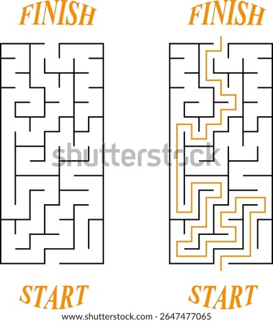 Vector vertical rectangular labyrinth with entry and exit. Difficulty level - easy. Children logic game. Not hard riddle solated on white background for kids and parents with solution.