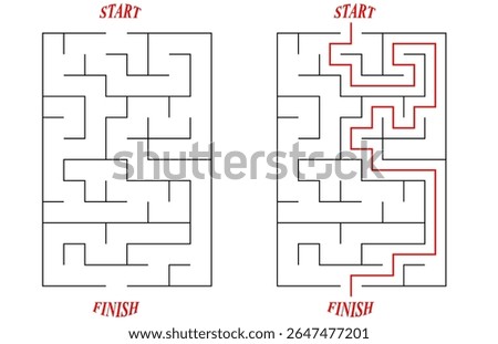 Vector vertical rectangular labyrinth with entry and exit. Difficulty level - easy. Children logic game. Not hard riddle solated on white background for kids and parents with solution.