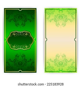 Vector vertical royal invitation card with gold frame and damask ornament on dark green background, place for text