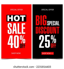 Vector vertical sale and discount banner. Promotion and marketing poster, leaflet, flyer or booklet for shopping season, hot sale and special discount. Ready to print illustration in flat style.