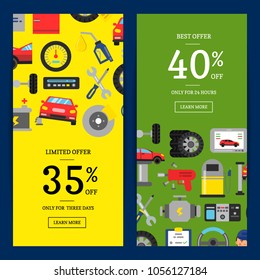 Vector vertical sale web banners illustration with flat style car service elements for car service or auto parts shop