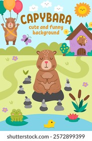 Vector vertical scene with capybaras. Landscape illustration with capibaras. Cute background or book cover for kids with adorable animals meditating, flying on balloons. Funny scene for kids