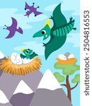 Vector vertical scene with pterodactyl flying to his baby in the nest. Dinosaur landscape illustration. Cute prehistoric scenery with pterosaur, sky, mountains, trees, eggs. Funny dino scene for kids
