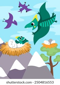 Vector vertical scene with pterodactyl flying to his baby in the nest. Dinosaur landscape illustration. Cute prehistoric scenery with pterosaur, sky, mountains, trees, eggs. Funny dino scene for kids
