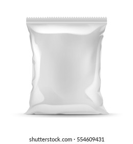 Vector Vertical Sealed Empty Plastic Foil Bag for Package Design with Serrated Edge Close up Isolated on White Background