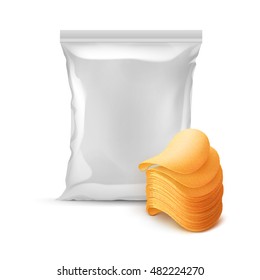 Vector Vertical Sealed Foil Plastic Bag for Package Design with Stack of Potato Crispy Chips Close up Isolated on White Background