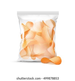 Vector Vertical Sealed Transparent Plastic Bag for Package Design Full of Potato Ripple Crispy Chips Close up Isolated on Background