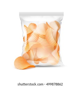 Vector Vertical Sealed Transparent Plastic Bag for Package Design Full of Potato Ripple Crispy Chips Close up Isolated on Background