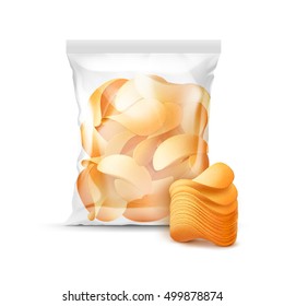Vector Vertical Sealed Transparent Plastic Bag for Package Design Full of Potato Crispy Chips Close up Isolated on Background