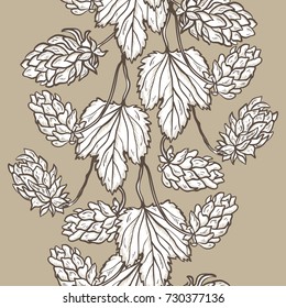 Vector Vertical Seamless Border with Beer Hops. Common Hop or Humulus Lupulus Branch. Leaves and Cones. Vector Floral Background