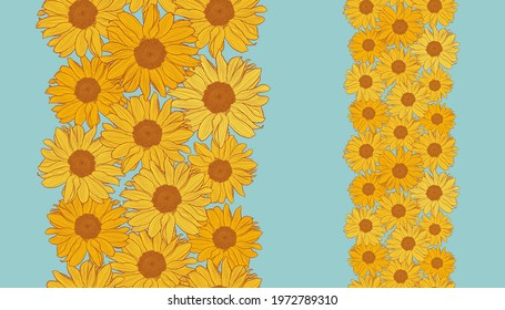 Vector vertical seamless border with yellow sunflowers with bronze outline on powder blue background. Digital art. Decorative print for wallpaper, wrapping, textile, fabric, label design.