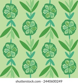 vector, vertical seamless geometric simple floral pattern of small green flowers and leaves on apple green background. Perfect for clothes, bedding, dining, home decor.