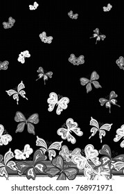 Vector vertical seamless pattern with hand drawing detailed colorful butterflies. White gray on black background.