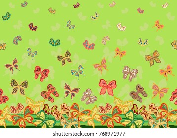 Vector vertical seamless pattern with hand drawing detailed colorful butterflies. Multicolored butterfly on light green background.