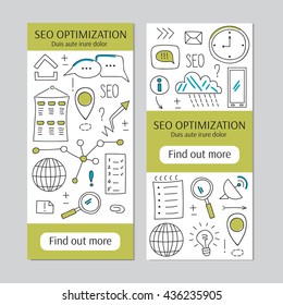 Vector vertical seo banner templates. Search Engine Optimization. Doodle hand drawn background. For posters, cards, brochures, invitations and flyers, website designs.