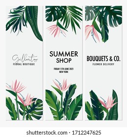 Vector vertical set wedding invitation card set with bird of paradise tropical flowers and leaves. Save the date, R.S.V.P. botany design for florist shop. Can be used for cosmetics, beauty salon.