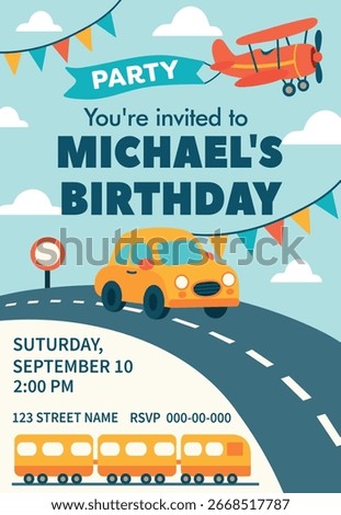 Vector vertical soft blue birthday invitation with cartoon car on the road and airplane on top. Cute pastel design for kids party, cards, posters, website