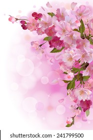 Vector vertical spring background with gentle branch of beautiful flowers