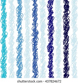 Vector vertical striped white and blue seamless pattern. Diagonal drawing with interweaving of thin lines. Simple abstract geometric light ornamental illustration.