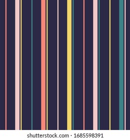 Vector vertical stripes pattern. Simple seamless texture with thin straight lines. Stylish abstract geometric striped background design. Pink, coral, yellow, teal green strips on dark blue backdrop