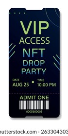 Vector vertical stylish neon VIP NFT party ticket with date and barcode. Use the design template for NFT expos, blockchain events, tech festivals and exclusive premium events