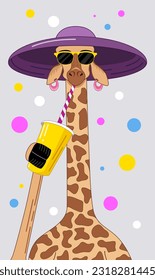 Vector vertical summer  banner with a giraffe in a hat and sunglasses drinking a drink on a polka dot background. Summer illustration is suitable for prints on clothes, dishes, web elements, flyers