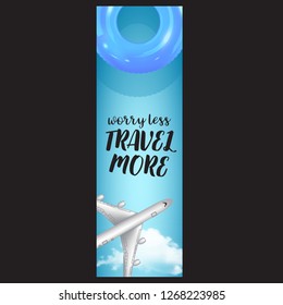 vector vertical summer travel banner with plane, realistic cloud and inflatable ring.