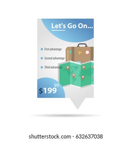 Vector vertical summer vacation banner with trip case and world map and price in corner. Template for web design isolated on white background