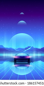 Vector vertical synthwave illustration of futuristic back view car. Road with neon laser grid.