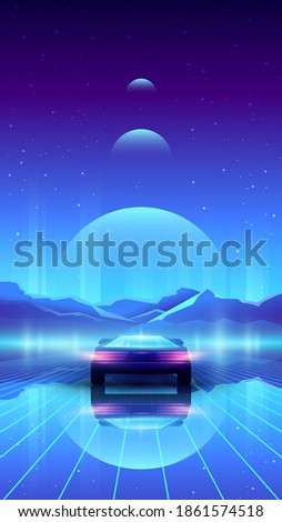 Vector vertical synthwave illustration of futuristic back view car. Road with neon laser grid.