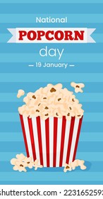 Vector vertical template banner National Popcorn day 19 January. Greeting card illustration with popcorn bucket on blue background. Flyer for event and social media.