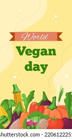 Vector Vertical Template Banner World Vegan Day. Greeting Card Illustration With Vegetable Of Organic Food And Healthy Diet. Flyer For Event And Social Media