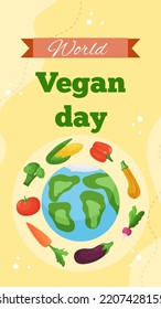 Vector Vertical Template Banner World Vegan Day. Greeting Card Illustration With Vegetable Of Organic Food And Healthy Diet. Flyer For Event And Social Media.
