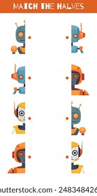 Vector vertical template of childish educational game. Connect the halves of cyborg toys. Find the correct half of the illustration of robots. 