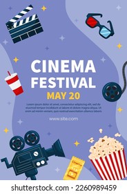 Vector vertical template cinema movie festival poster card. Popcorn basket, ticket, clapper, 3d glasses on violet background. Flyer or brochure for event