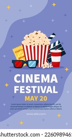 Vector vertical template cinema movie festival poster card. Popcorn basket, ticket, clapper, 3d glasses on violet background. Flyer or brochure for event.