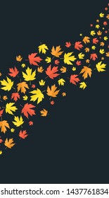 Vector vertical template of falling autumn leaves isolated on dark blue background. Colorful maple leaves flying on air. Vector design template with moving on wind autumn foliage with copy space. 