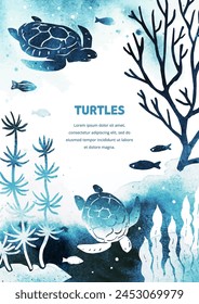 Plantilla de Vertical de Vector con peces, tortugas y algas sobre fondo blanco. Ilustración de acuarela con naturaleza subacuática y fauna marina. A4. Útil para flyer, lista, anuncio, portada, Anuncio