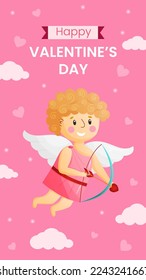 Tarjeta de felicitación vertical de plantilla vectorial para el día de San Valentín. Cupido de bebé feliz en la ilustración de fondo rosa. Volante para celebrar el evento y los medios sociales.