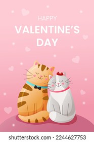 Vector vertical template greeting card for valentines day. Happy couple cats in love on pink background illustration. Flyer for celebrate event and social media